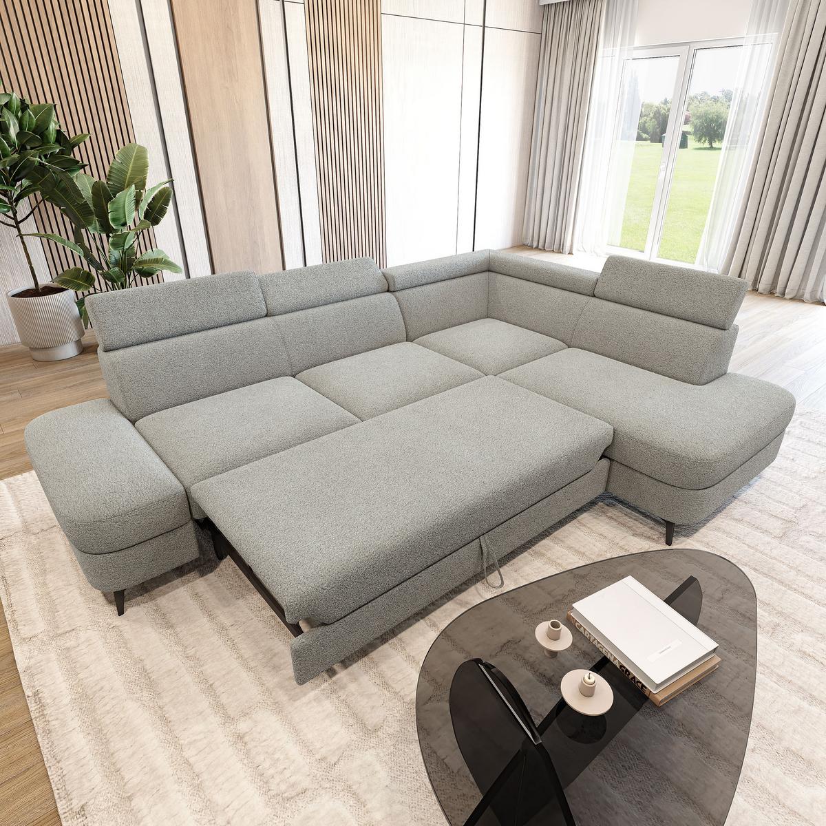 ECKSOFA AVISE Q R-S Hellgrau Boucle-Stoff mit Schlaffunktion - Hellgrau, Holzwerkstoff/Textil (268/195cm) - MASSENO