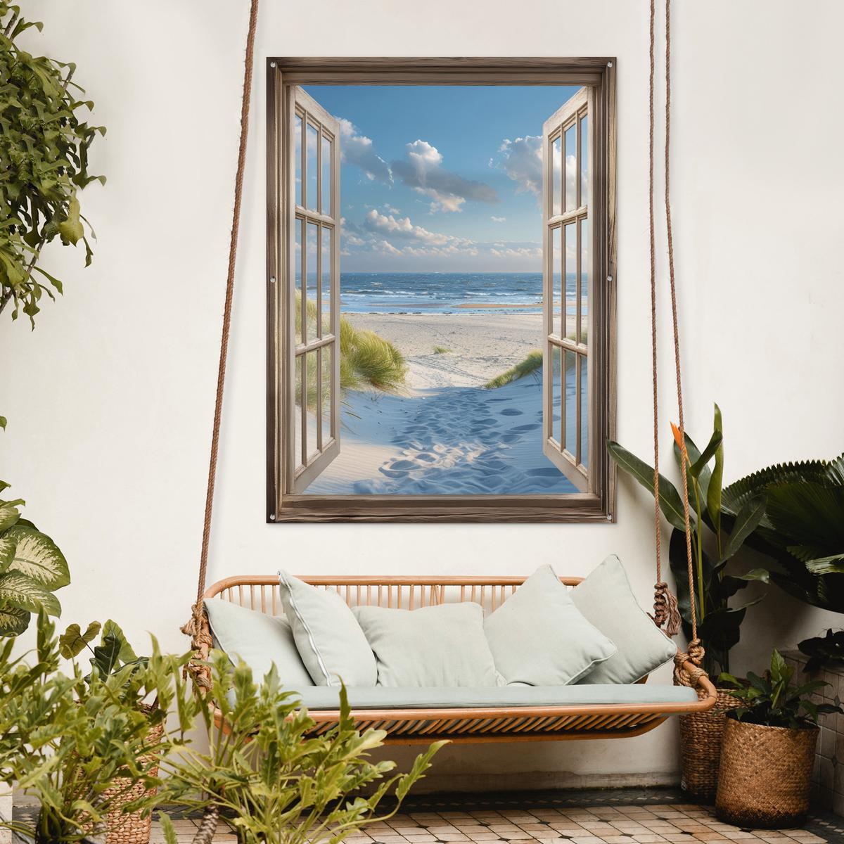 GARTENPOSTER Aussicht - Strand - Fenster - Dünen - Meer Gartendekoration 120x160 cm - Hellblau, Kunststoff (120/160/0.2cm) - OnlyWow