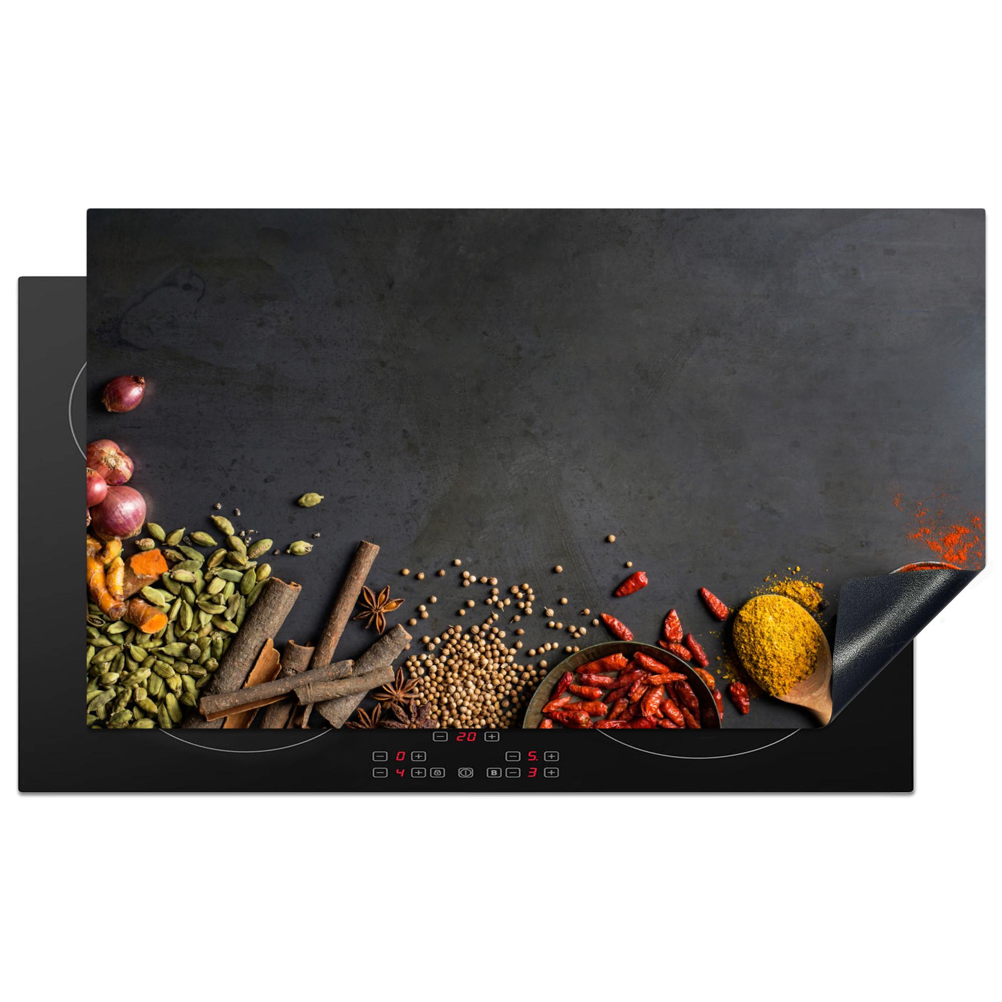 HERDABDECKPLATTE Kräuter - Lebensmittel - Gewürze - Schwarz - Paprika - Zimt Induktionsschutz 91.2x52 cm - Currygelb, Kunststoff (91.2/52/0.2cm) - MuchoWow