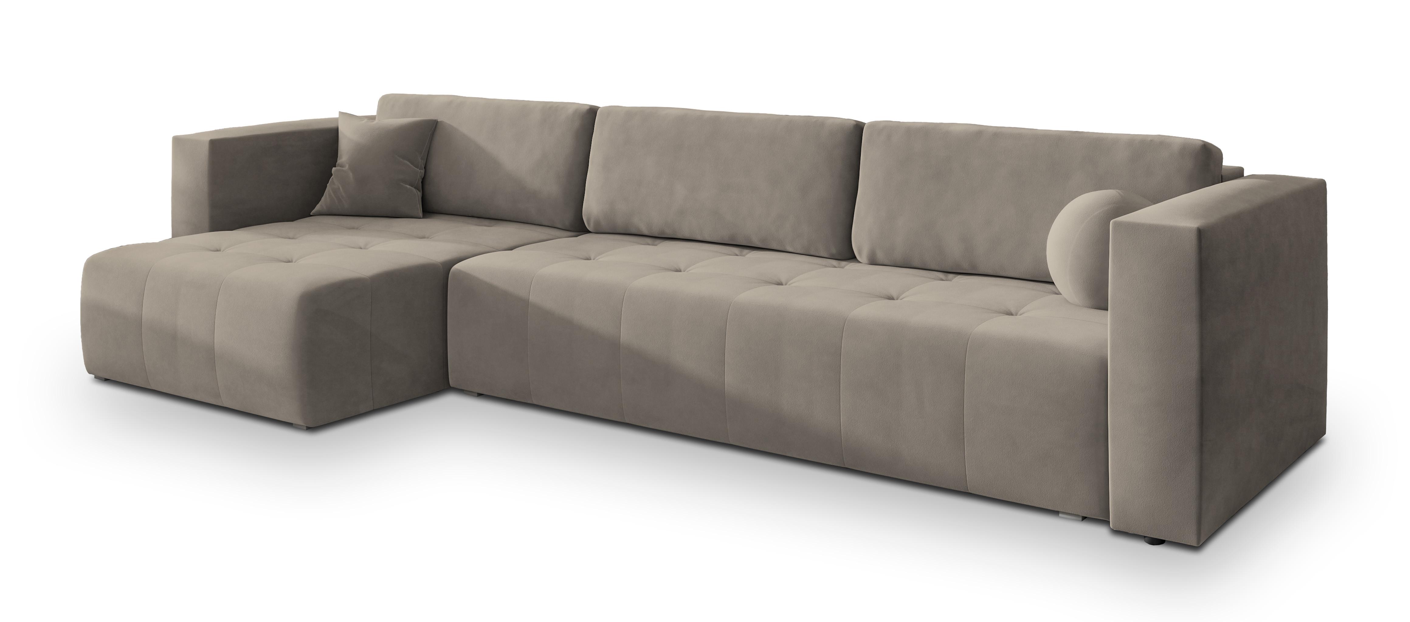 ECKSOFA OLVERA Beige Plüsch-Stoff mit Schlaffunktion - Beige, Holz (347/148cm) - MASSENO