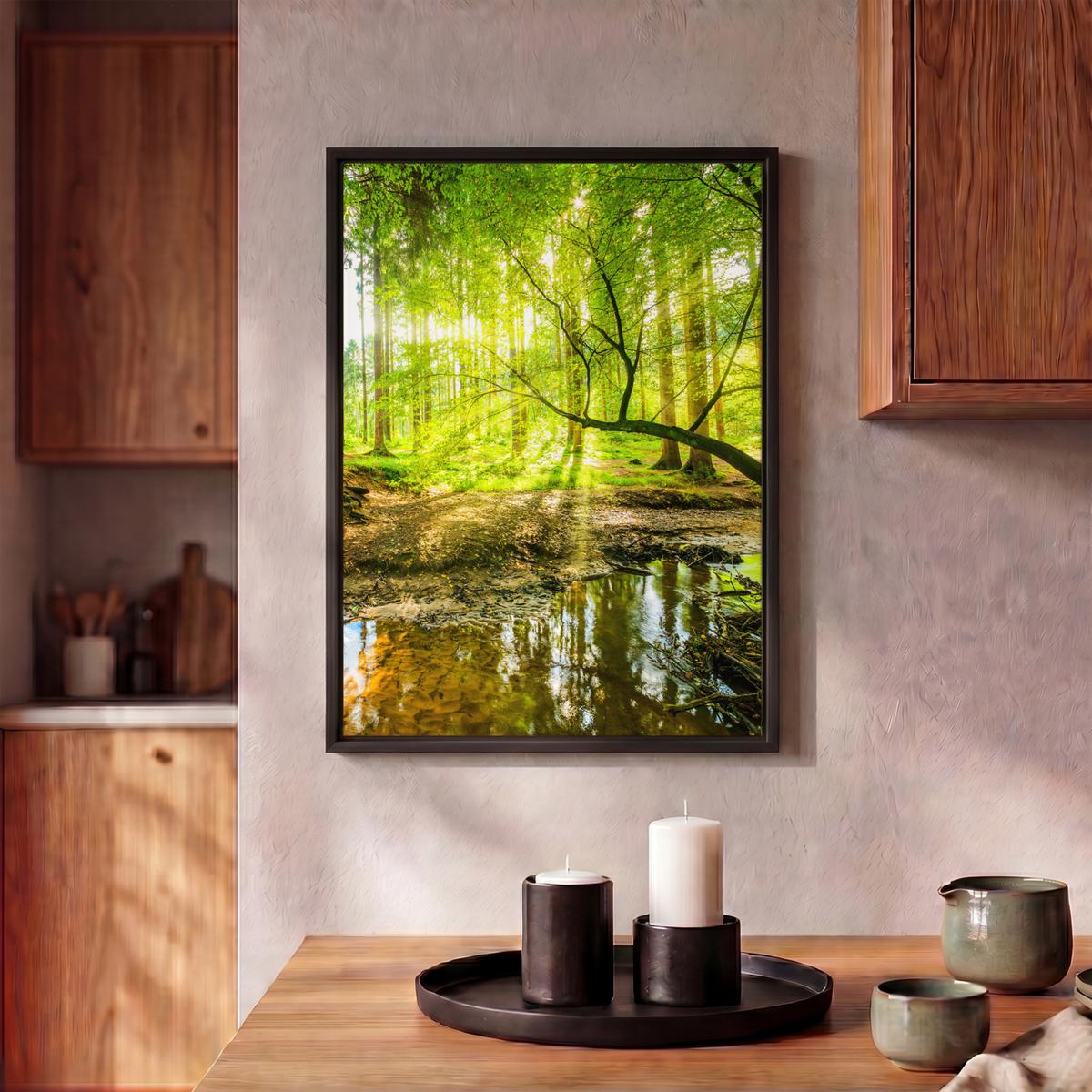 LEINWAND Bilder mit Rahmen - Wald - Landschaft - Wasser - Bäume - Sonne - Grün - Natur - 30x40 - Grün, Textil (30/40cm) - MuchoWow