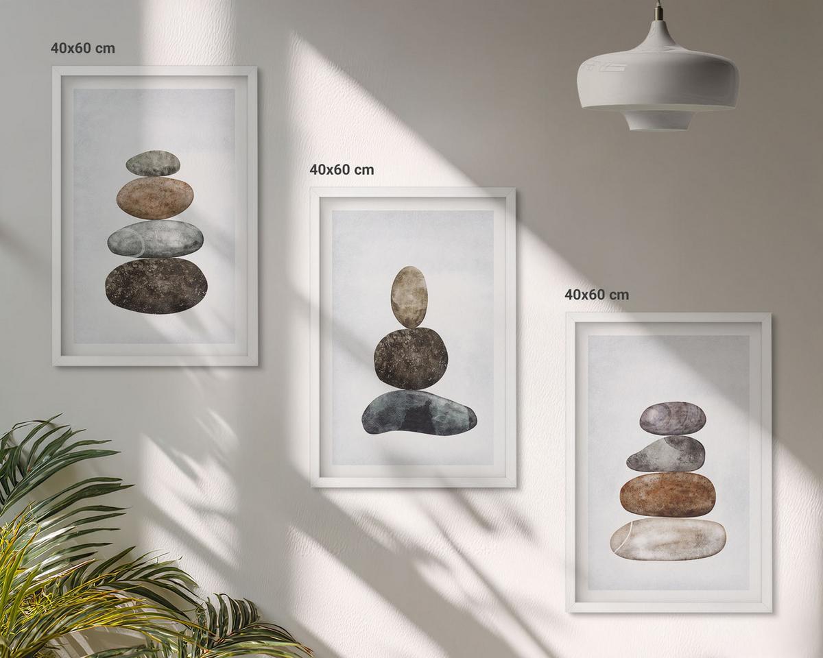 BILDER SET 3er Set - 40x60 cm Weißer Rahmen - Minimalistische Boho-Steine - Weiß, Kunststoff (40/60cm) - TULUP