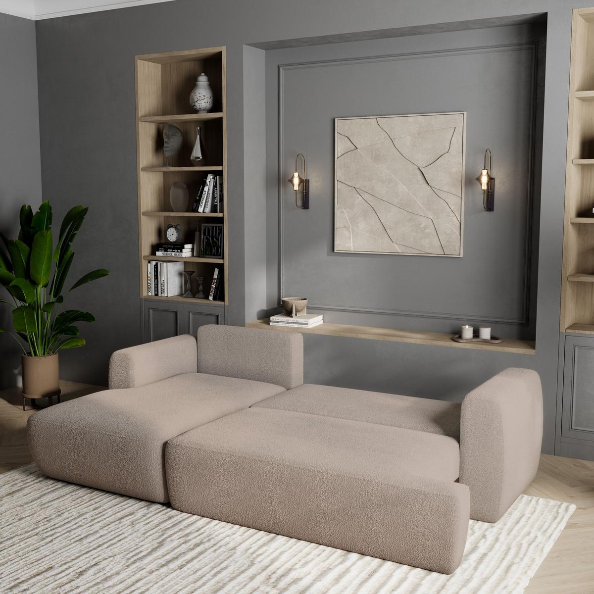 ECKSOFA SENTI N L-S Beige Boucle-Stoff mit Schlaffunktion - Beige/Schwarz, Holz/Kunststoff (246/148cm) - MASSENO