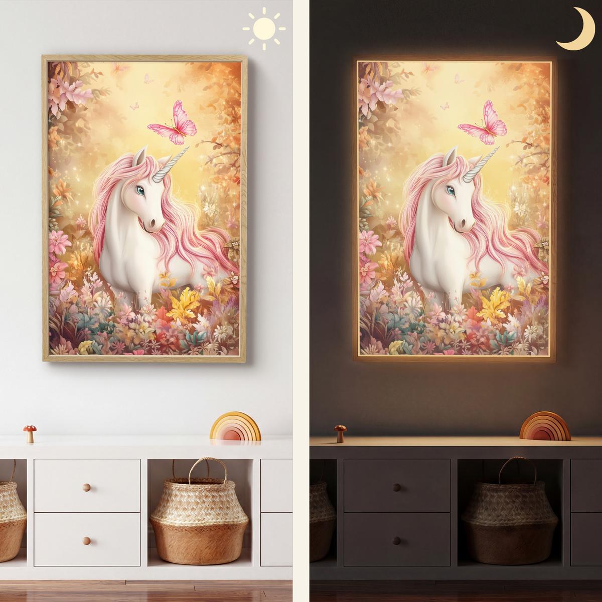 WANDLEUCHTE MIT AKKU Einhorn - Blumen - Schmetterling - Rosa 70x100 cm - Beige, Holzwerkstoff (70/100/8cm) - OnlyWow