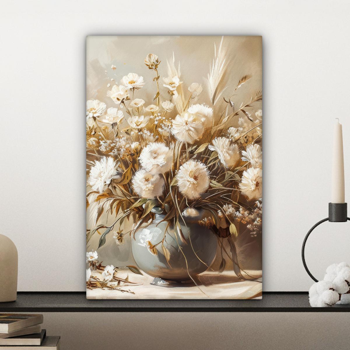 LEINWANDBILD Blumen - Vase - Stilleben - Beige Deko Wohnzimmer 20x30 cm - Creme, Textil (20/30cm) - MuchoWow