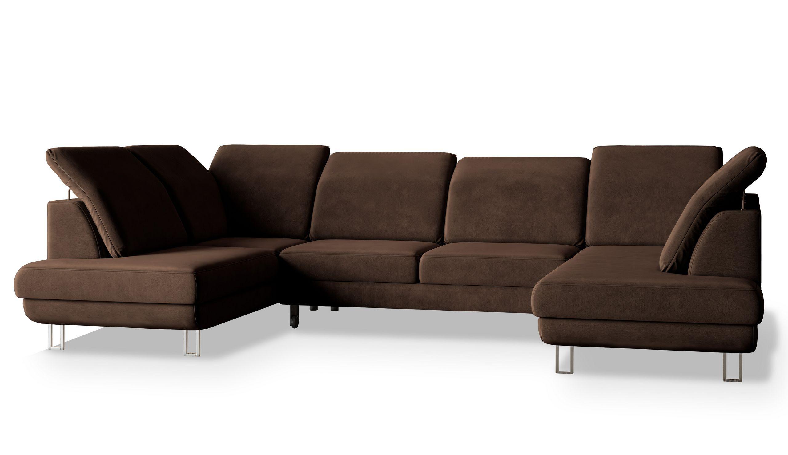 WOHNLANDSCHAFT TERAMO Braun Velours-Stoff mit Schlaffunktion - Silberfarben/Braun, Holz/Textil (316/88/193cm) - MASSENO