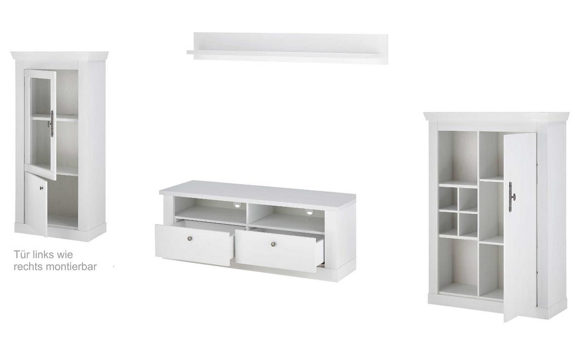 WOHNWAND weiß Pinie Landhaus, Wohnkombination 4-teilig, Soft-Close-Funktion - Silberfarben/Weiß, Holzwerkstoff/Metall (334/170/45cm) - Furn.Design