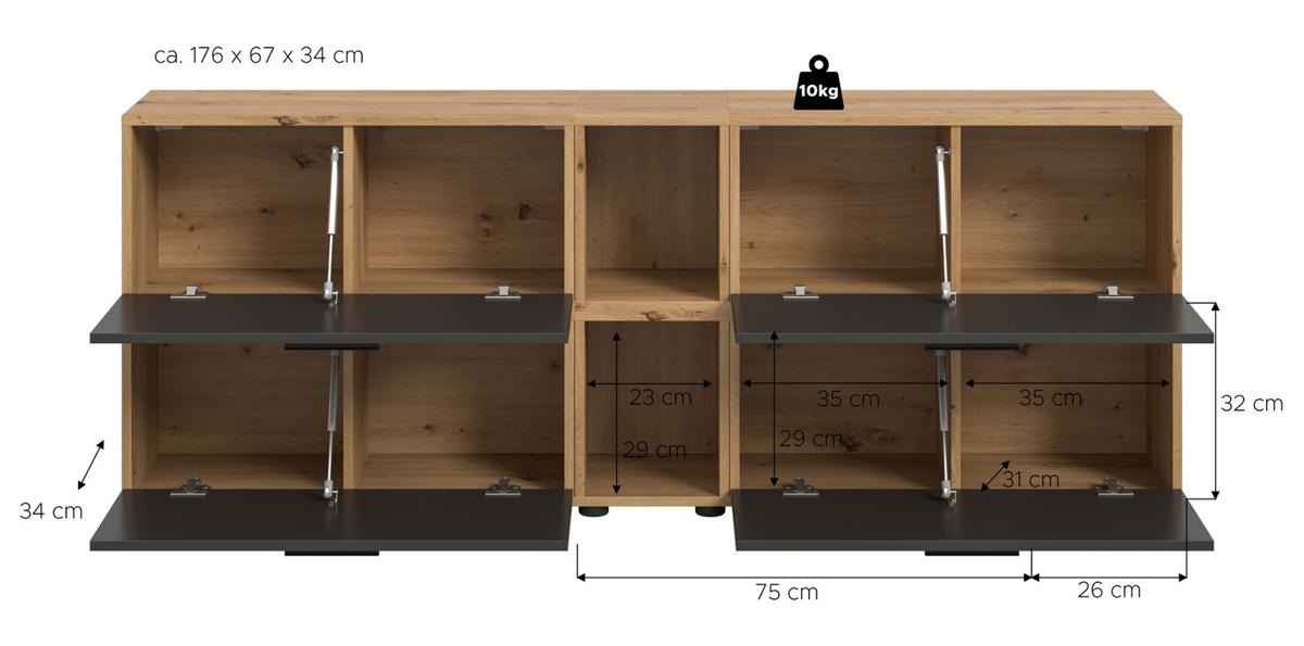 TV-LOWBOARD grau, Eiche Artisan 176 cm, Fernsehtisch hängend / stehend mit Soft-Close - Schwarz/Eiche Artisan, Holzwerkstoff/Kunststoff (176/67/34cm) - Inn.Furn