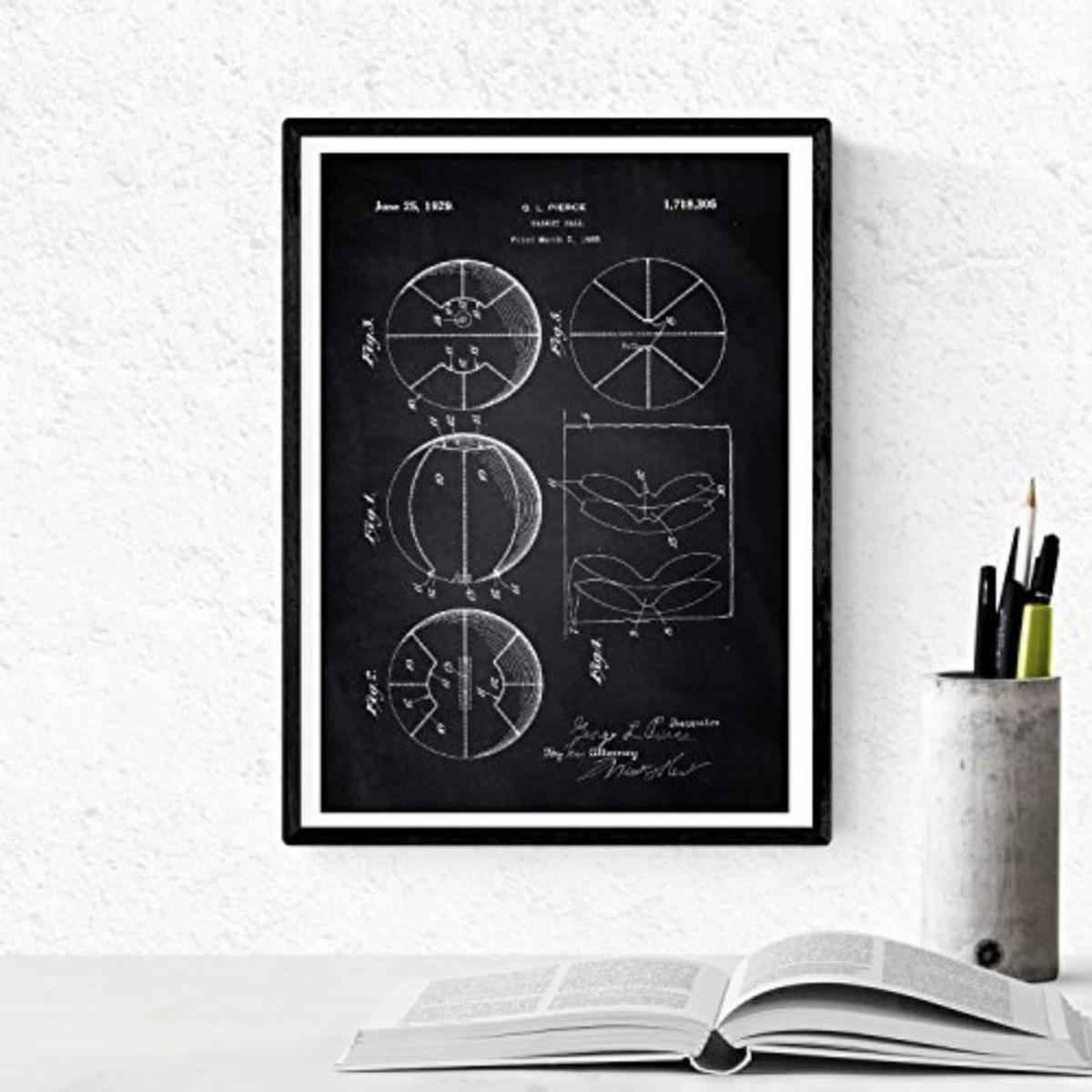 POSTER Set mit 4 Schwarz Patenten Basketball A4 Schwarzer Rahmen - Schwarz, Papier (29.7/3cm) - Nacnic