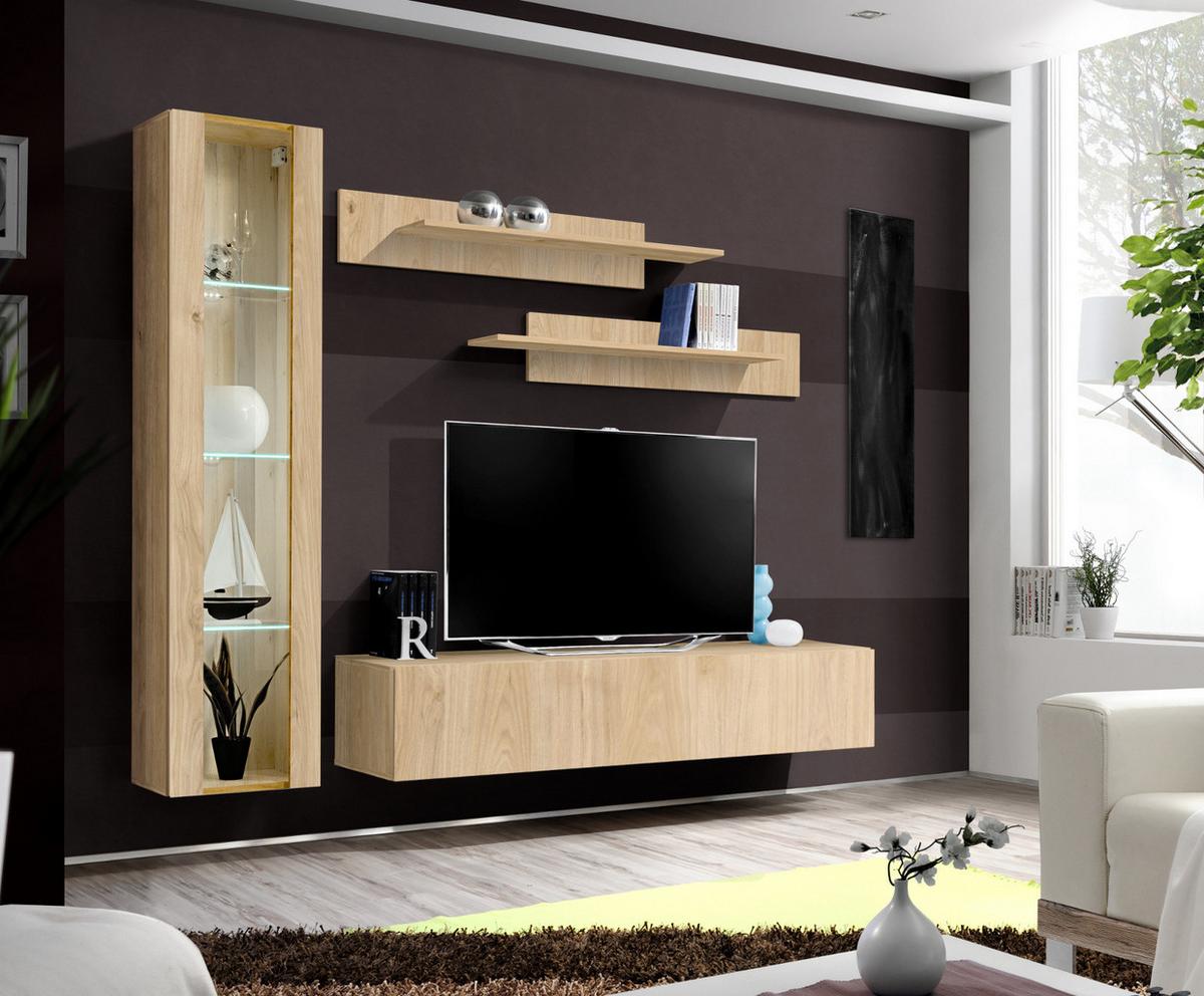 WOHNWAND Eiche Jackson 210 cm 4-teilig hängend, Anbauwand mit LED-Beleuchtung - Eichefarben, Glas/Holzwerkstoff (210/170/40cm) - Inn.Furn