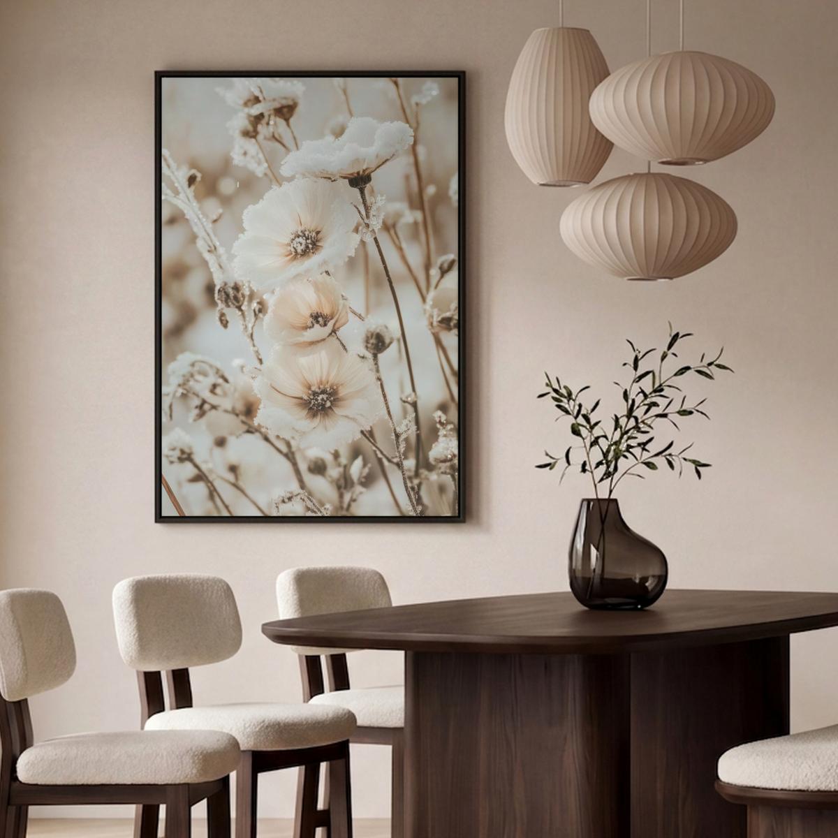 LEINWAND Bilder mit Rahmen - Blumen - Winter - Weiß - Schnee - Beige - 100x150 - Creme, Textil (100/150cm) - MuchoWow