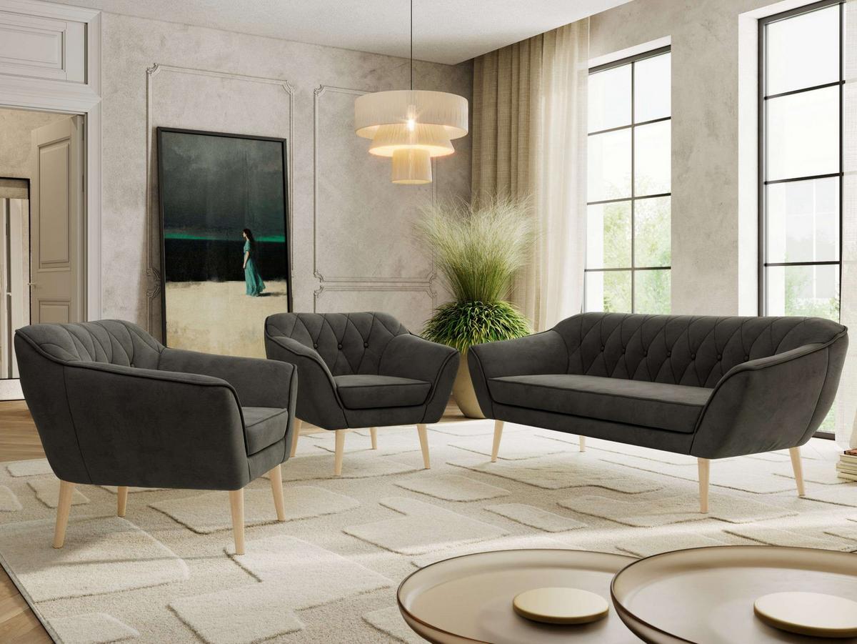 SITZGARNITUR PIRS 3+1+1 - Dunkelgrau Velvet - Holzbeine - Dunkelgrau/Buchefarben, Holzwerkstoff/Textil (180/75/74cm) - MKS