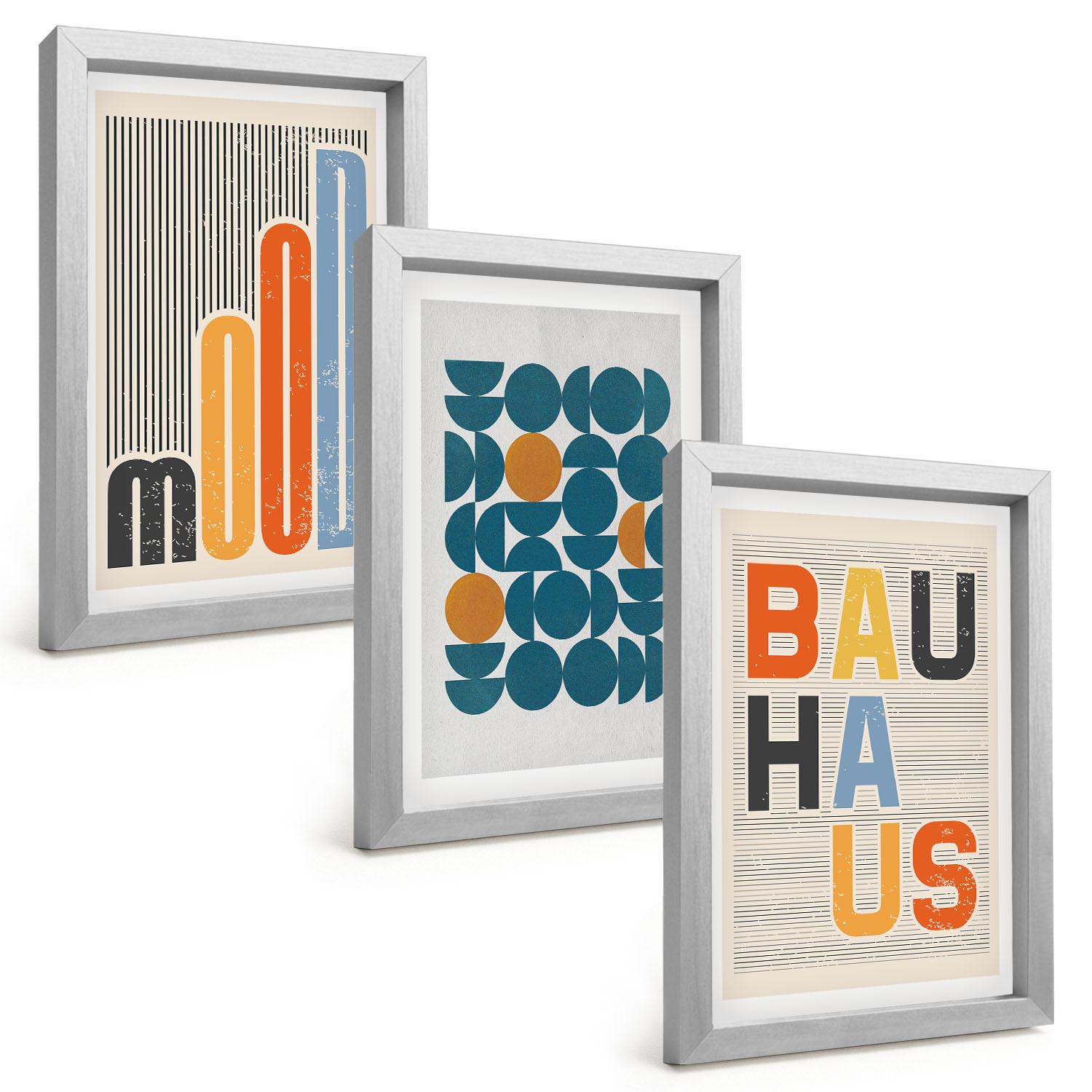 BILDER SET 3er Set - 20x30 cm Silberner Rahmen - Geometrische Muster im Bauhaus-Stil - Silberfarben, Kunststoff (20/30cm) - TULUP