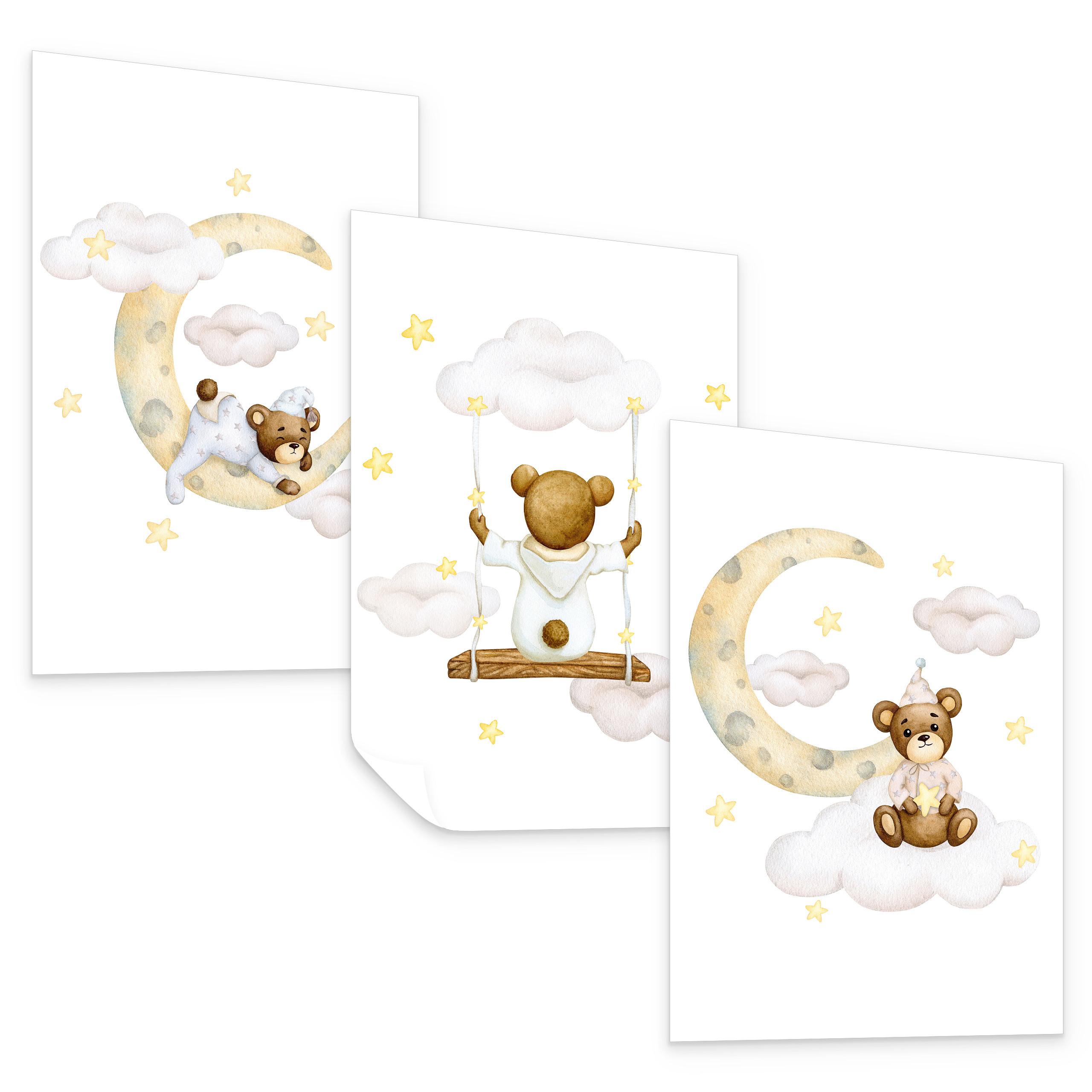 POSTER SET für Kinderzimmer Teddybären Monde Wolken Sterne 3x Poster A3 30x42cm - Gelb/Beige, Papier (30/42/1cm) - Muralo