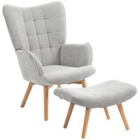 OHRENSESSEL mit Hocker, Relaxsessel, Polstersessel in Cord-Optik, mit Holzbeine - Naturfarben/Grau, Holz/Buchenholz (72/101/80cm) - HOMCOM