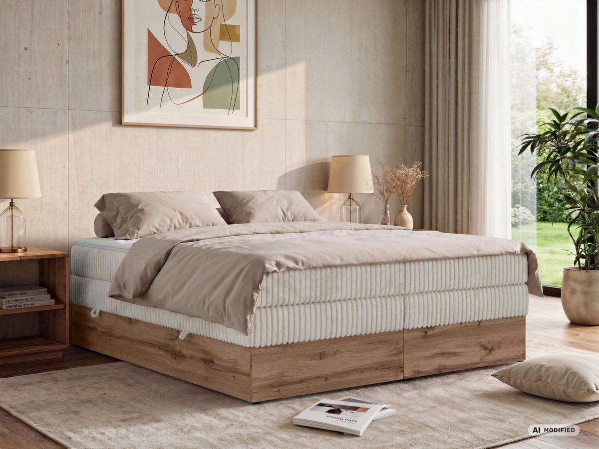 BOXSPRINGBETT WOOD ZERO KING 180/200 - Beige Cord - Topper T25 - H3 - Beige/Schwarz, Kunststoff/Textil (180/200cm) - MKS