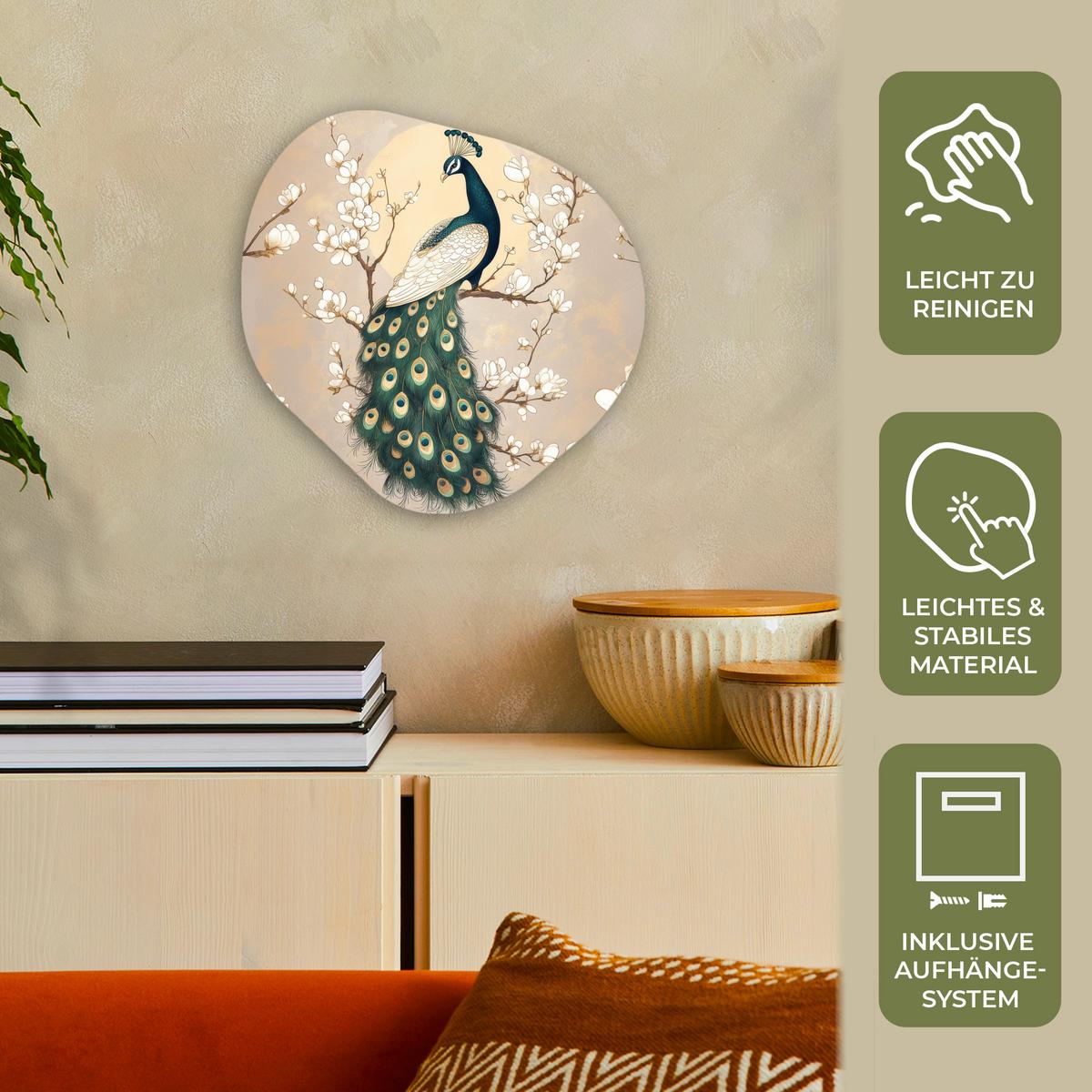 WANDBILD Pfau - Zweig - Blumen Wanddeko 40x40 cm - Champagner, Kunststoff (40/40cm) - MuchoWow