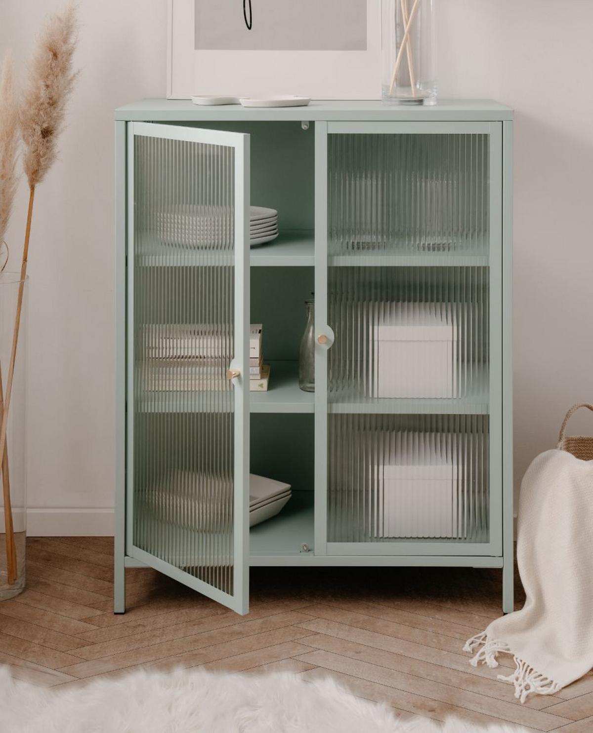 KOMMODE Metall mintgrün 80 cm, Vitrine mit stabilem Metallgestell - Goldfarben/Mintgrün, Glas/Metall (80/101.5/40cm) - Furn.Design