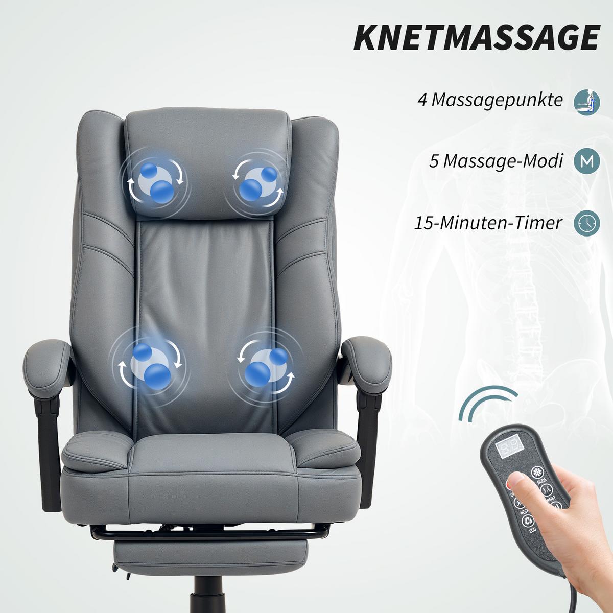 BÜROSTUHL mit Massagefunktion, Ergonomischer Schreibtischstuhl mit Liegefunktion - Grau, Kunststoff (64/120/69cm) - HOMCOM