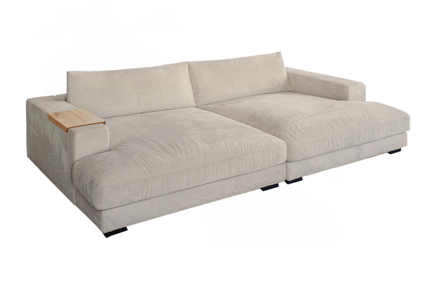 BIG SOFA XL MIT TABLETT MADELINE Cremeweiß Cord - Creme/Schwarz, Kunststoff/Textil (290/85/190cm) - KAWOLA