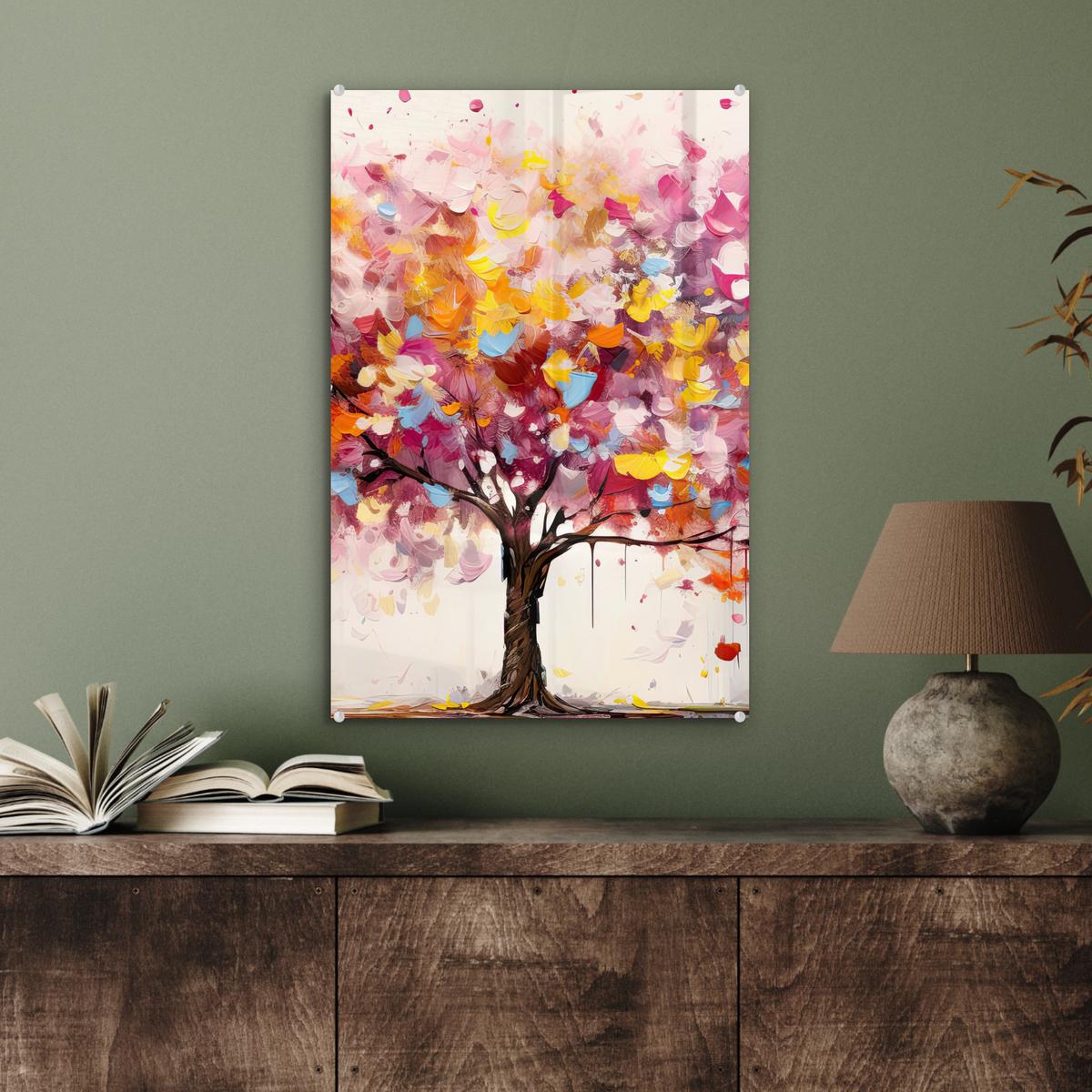 ACRYLGLASBILD Aquarell - Baum - Kunst - Abstrakt Wanddeko Wohnzimmer 40x60 cm - Multicolor, Glas (40/60cm) - MuchoWow