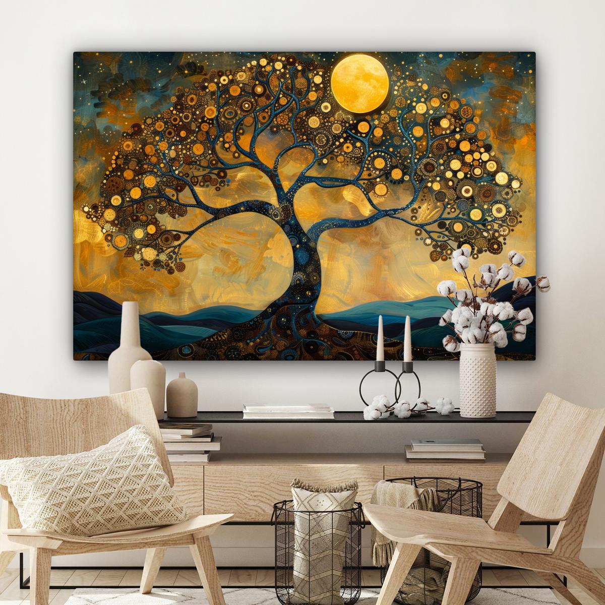 LEINWANDBILD Baum - Mond - Blumen - Gold - Kunst Wohnzimmer Groß 120x80 cm - Orange, Textil (120/80cm) - MuchoWow
