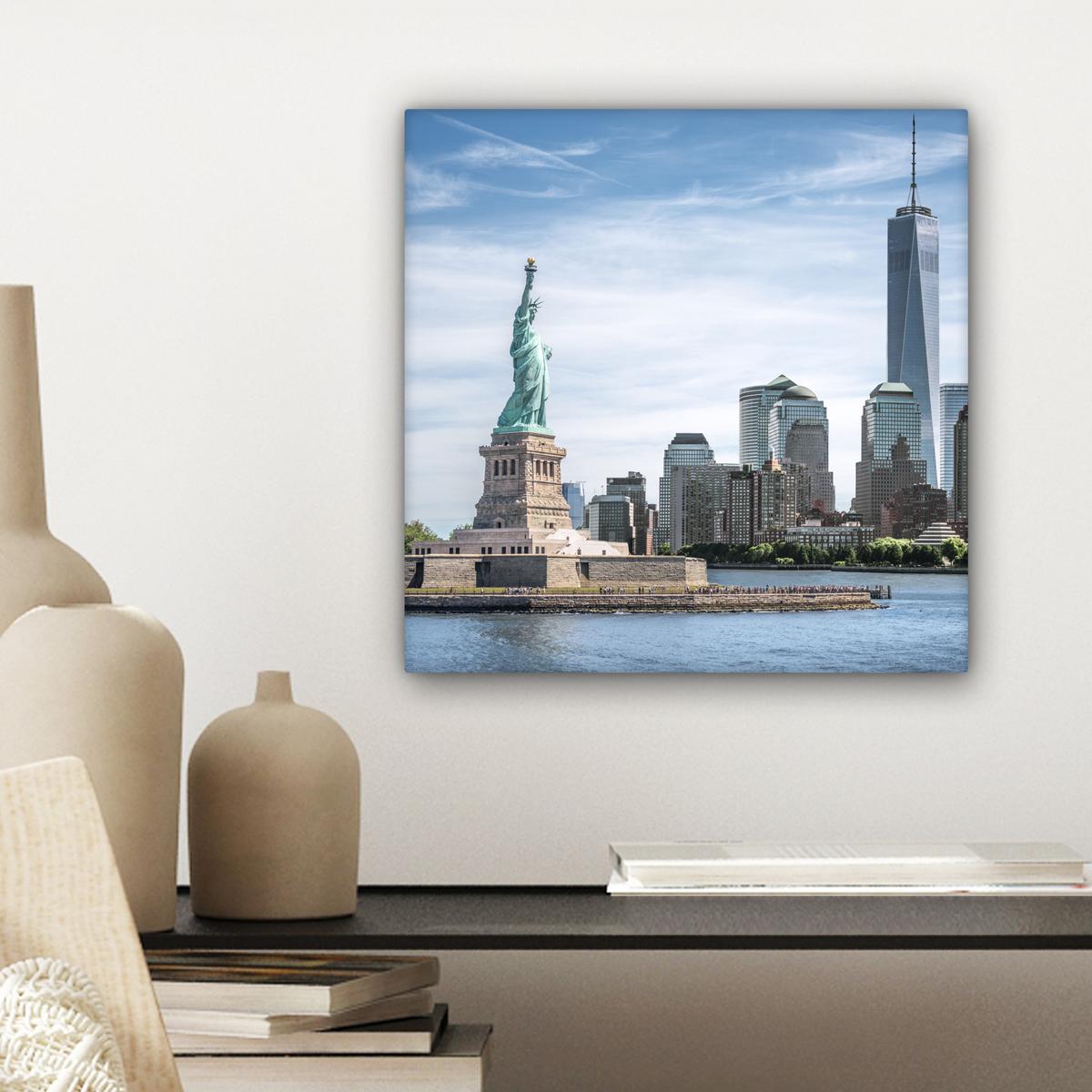 LEINWANDBILD New York - Freiheitsstatue - Wasser Deko Wohnzimmer 20x20 cm - Hellblau, Textil (20/20cm) - MuchoWow