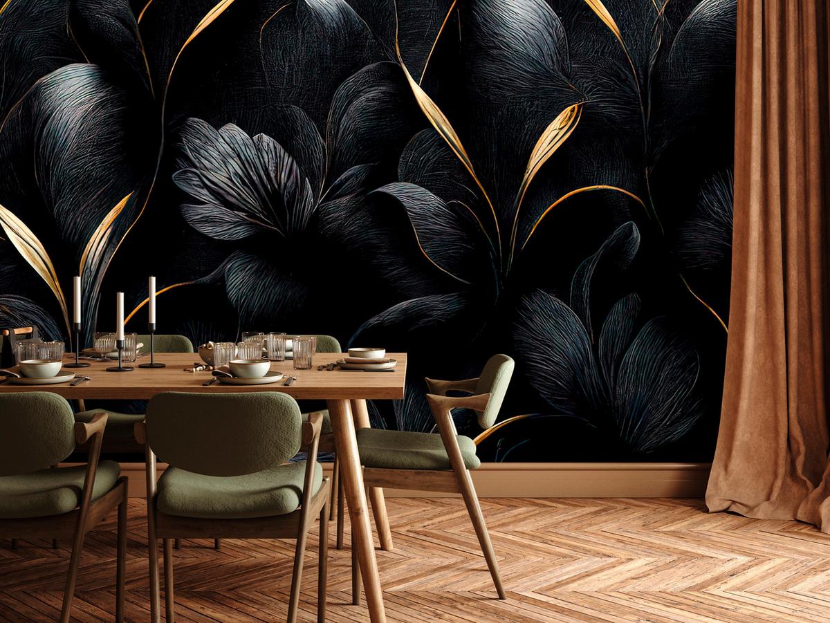 FOTOTAPETE für Wohnzimmer Schwarze Blätter Gold Luxus 100x70 - Goldfarben/Schwarz, Papier (100/70cm) - Muralo