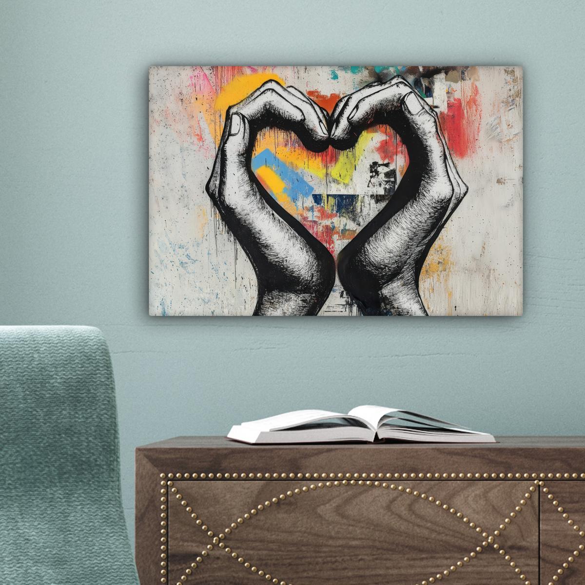 LEINWANDBILD Hände - Herz - Straßenkunst - Graffiti Deko Schlafzimmer 30x20 cm - Multicolor, Textil (30/20cm) - MuchoWow