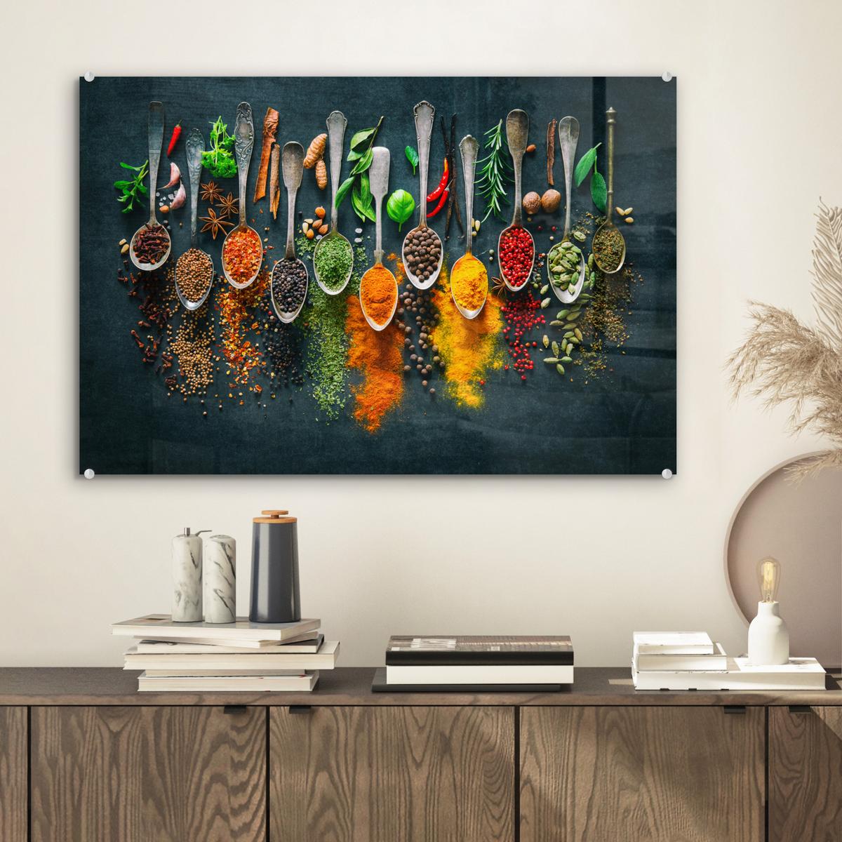 ACRYLGLASBILD Kräuter - Gewürze - Löffel Wanddeko 60x40 cm - Currygelb, Glas (60/40cm) - MuchoWow