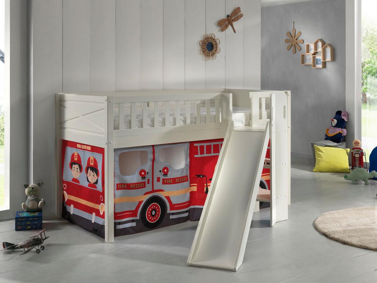 HOCHBETT mit Rutsche Karyl Massivholz Weiß Textilset Feuerwehr - Weiß/Dunkelrot, Holz (90/200cm) - 58aufmkessel