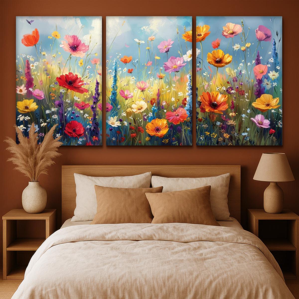LEINWANDBILD 3er Set Blumen - Frühling - Farbenfroh - Sommerlich 240x120 cm - Orange, Textil (240/120cm) - MuchoWow