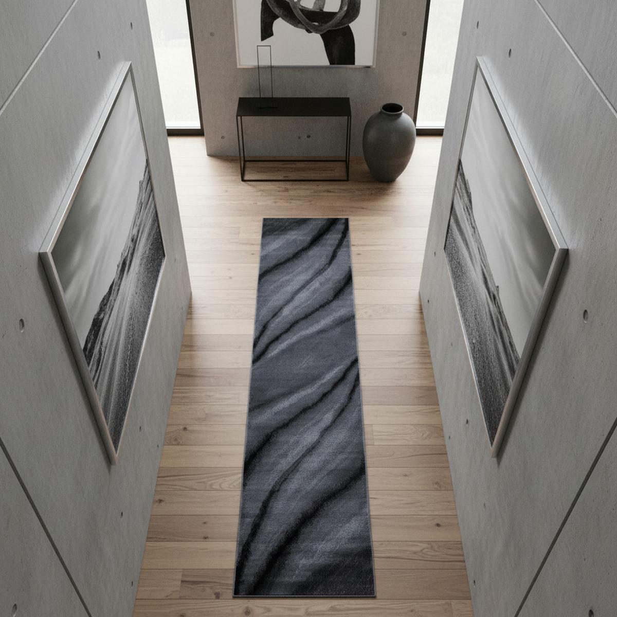 KURZFLORTEPPICH ASPEN, mit abstraktem Wellenmuster, Schwarz, 80 x 300 cm - Schwarz, Textil (80/300cm) - KADIMA DESIGN