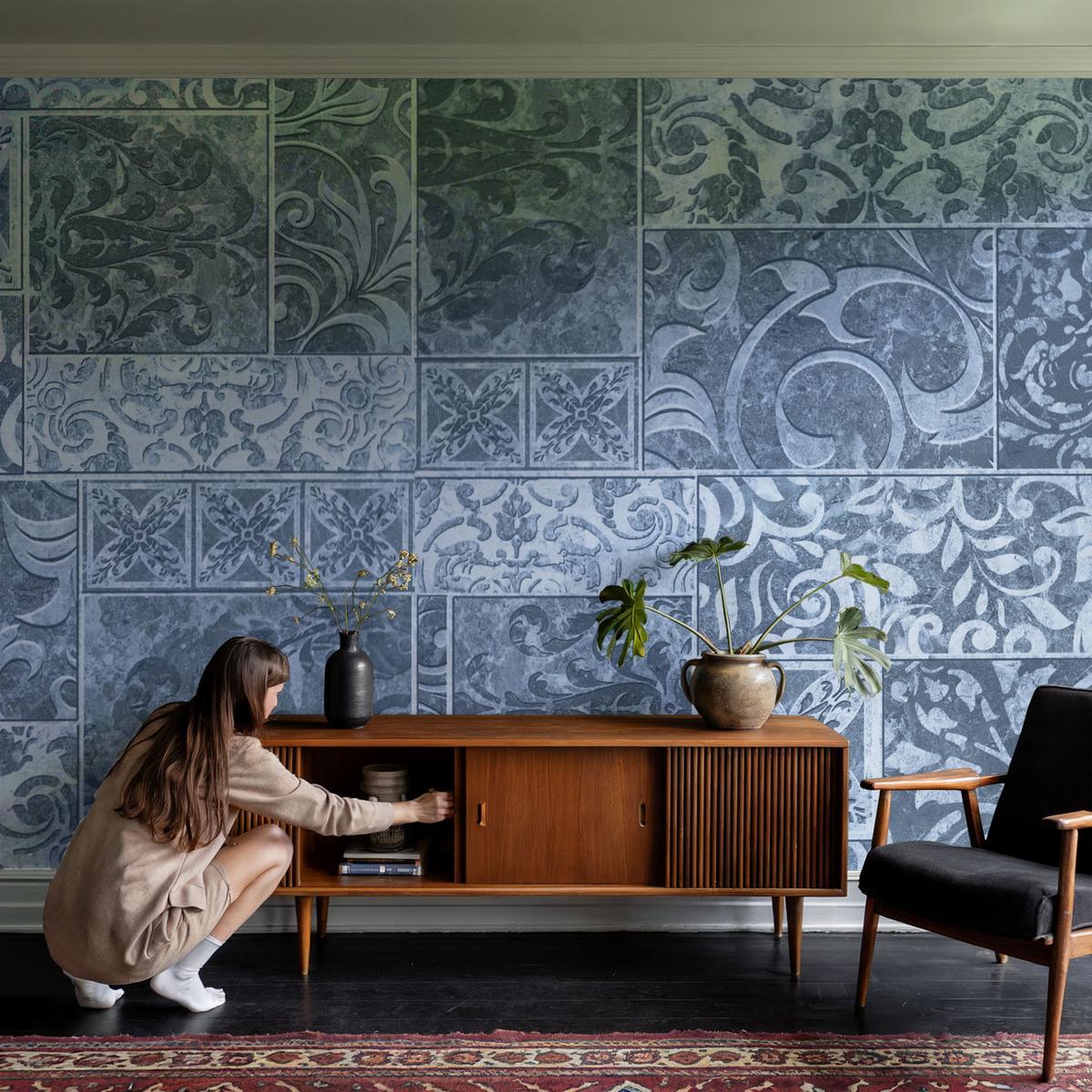 FOTOTAPETE 312x219 cm - Pflanzenornamente - Blau, Textil (312/219cm) - Wallfluent