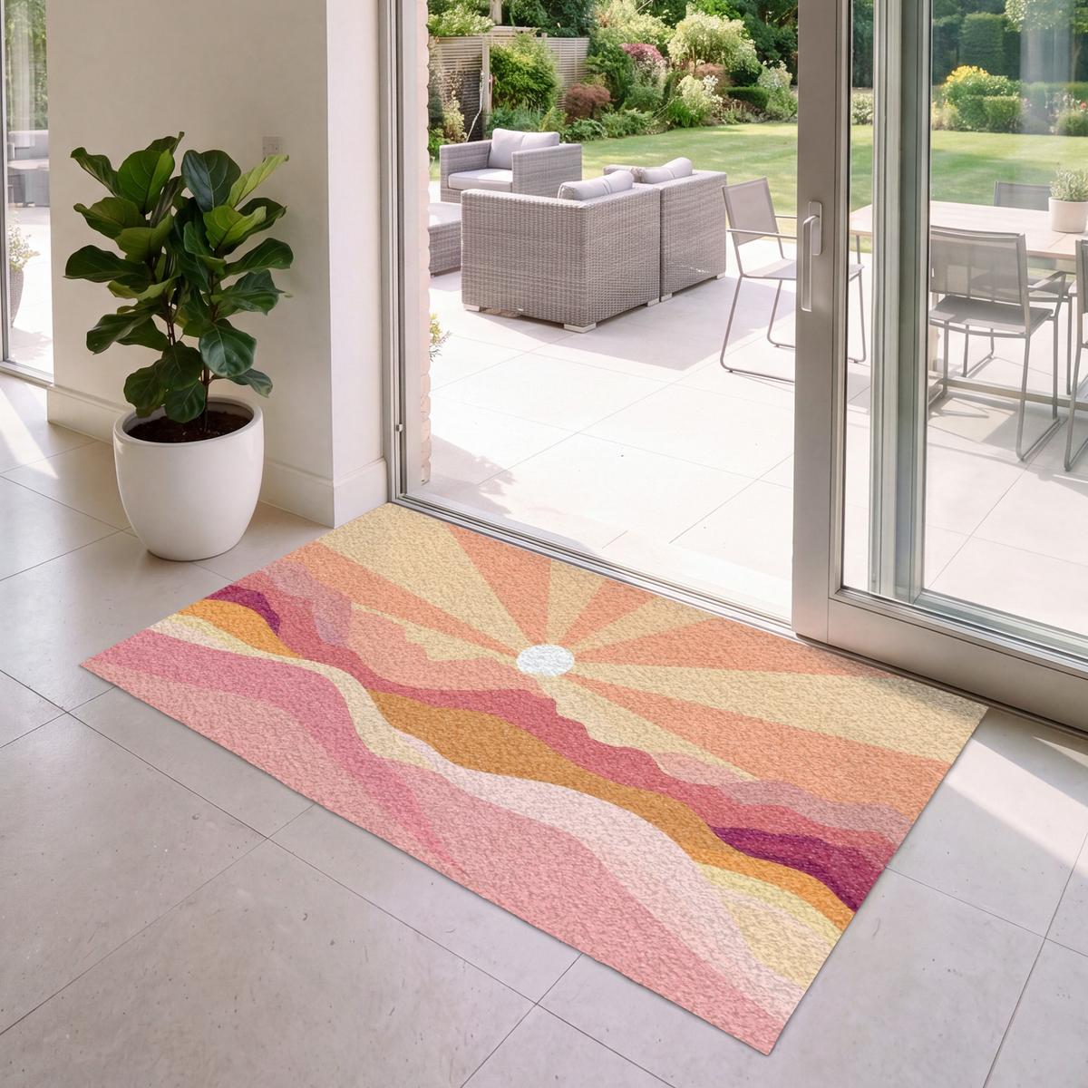 FUSSMATTE Berge - Abstrakt - Sonnenstrahlen - Rosa Sauberlaufmatte 150x90 cm - Rosa, Kunststoff (150/0.4cm) - MuchoWow