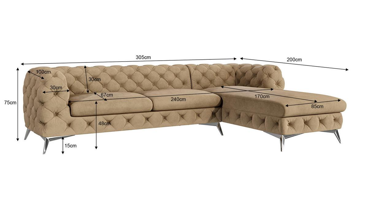 ECKSOFA Chesterfield Laura Beige Samt - Beige/Silberfarben, Holz/Textil (305/200cm) - S-Style Möbel