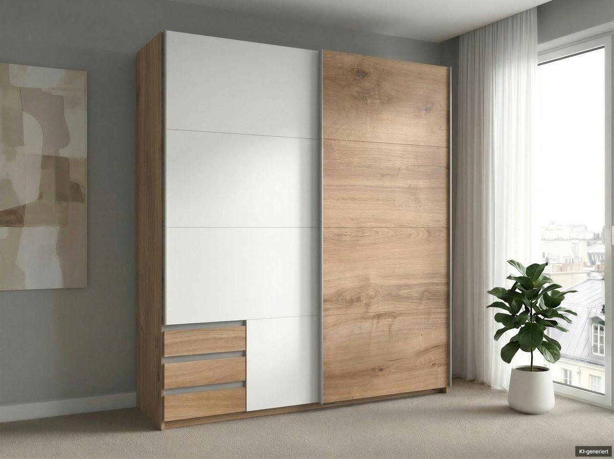 SCHWEBETÜRENSCHRANK 2-türig B179/H198/T65 cm, Kleiderschrank mit sichtbaren Schubkästen in Eiche Dekor, 1x Tür in Weiß / 22691 - Eichefarben/Alufarben, Holz/Holzwerkstoff (179/198/65cm) - luma-home