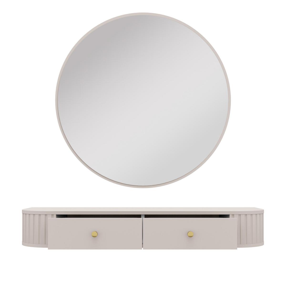 KONSOLENTISCH Halay Beige 2 Schubladen mit runden Kanten + Rund Spiegel 100 cm - Beige/Goldfarben, Holzwerkstoff/Metall (35.9/123/17.5cm) - AX Living