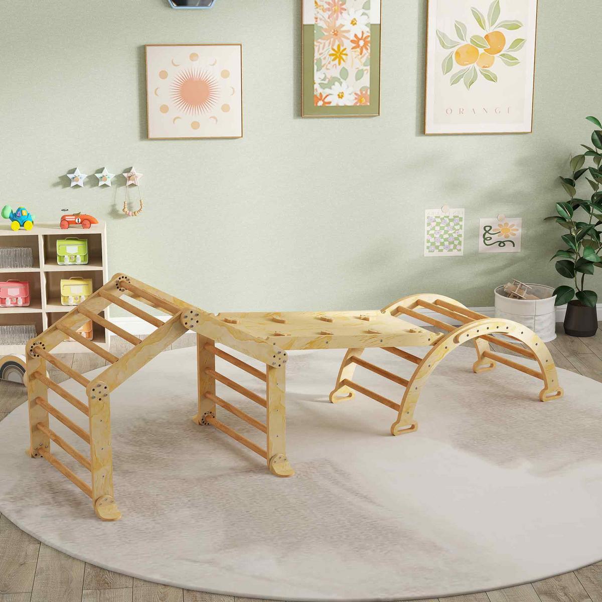 INDOOR-KLETTERGERÜST 9-in-1 Rampe Rutsche Leiter Schreibtafel - Naturfarben, Holz (52.5/48/100cm) - AIYAPLAY