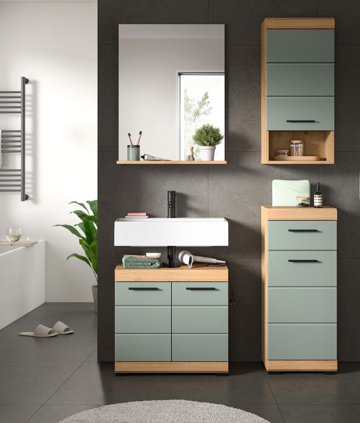 HÄNGESCHRANK Salbei grün, Eiche Artisan 37 x 79 cm, Badschrank hängend - Salbeigrün/Schwarz, Holzwerkstoff/Kunststoff (37/79/24cm) - Inn.Furn