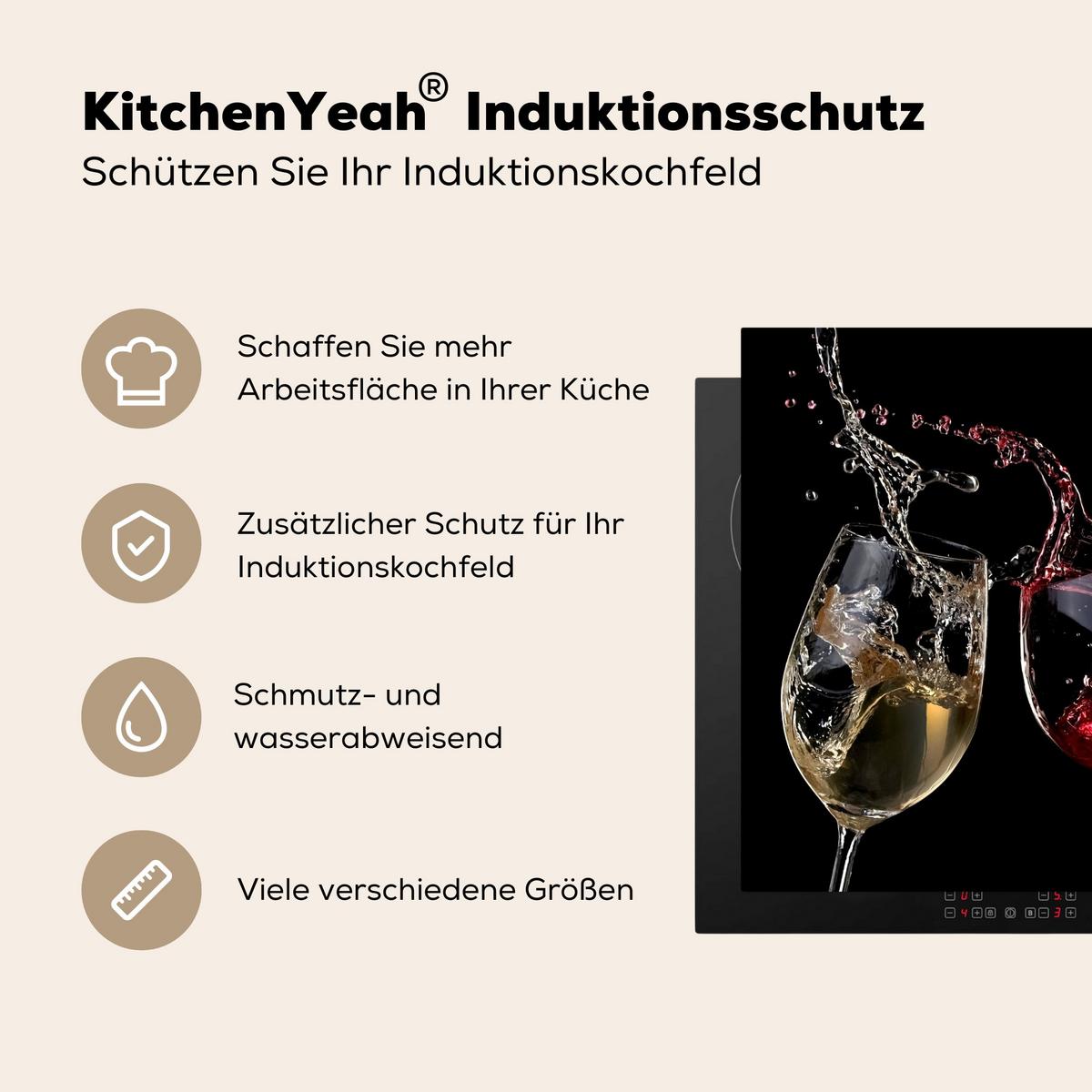 HERDABDECKPLATTE Rotwein - Weißwein - Glas - Schwarz Induktionsmatte 78x78 cm - Weinrot, Kunststoff (78/78/0.2cm) - MuchoWow