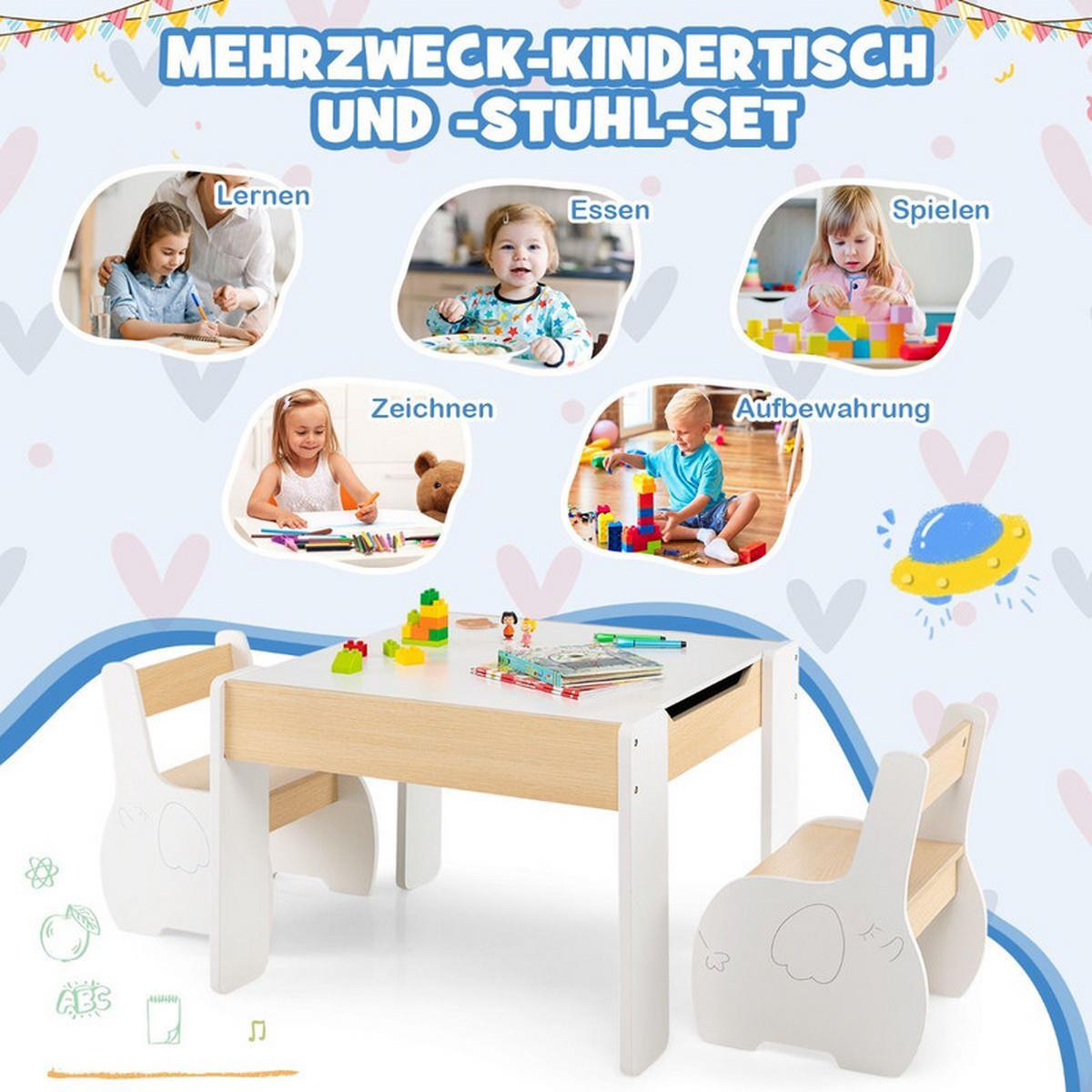 KINDERTISCH mit Stuhl weiß(3-tlg) - Weiß/Naturfarben, Holzwerkstoff (63.5/48/61.5cm) - COSTWAY