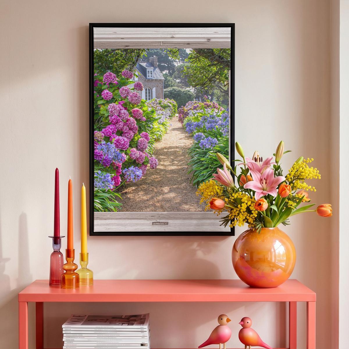 LEINWAND Bilder mit Rahmen - Hortensie - Durchsichtig - Blumen - Sommer - Lila - Weg - 40x60 - Lila, Textil (40/60cm) - MuchoWow