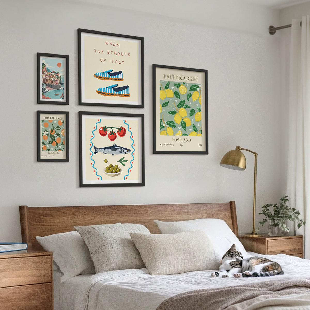 BILDER SET 5er Set - 50x50 cm & 20x30 cm & 40x60 cm Schwarzer Rahmen - Italienische Poster mit Fruchtmotiven - Schwarz, Kunststoff (40/60cm) - TULUP