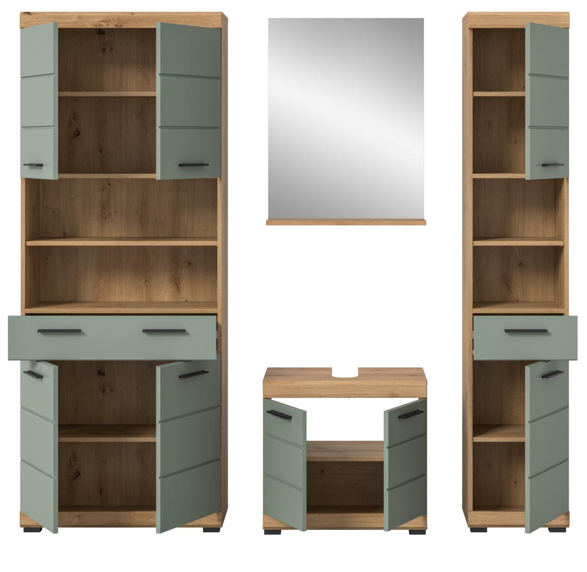 BADMÖBEL-SET Salbei grün, Eiche Artisan 4-teilig 200 cm, Komplettset mit viel Stauraum - Salbeigrün/Schwarz, Glas/Holzwerkstoff (186/191/34cm) - Inn.Furn