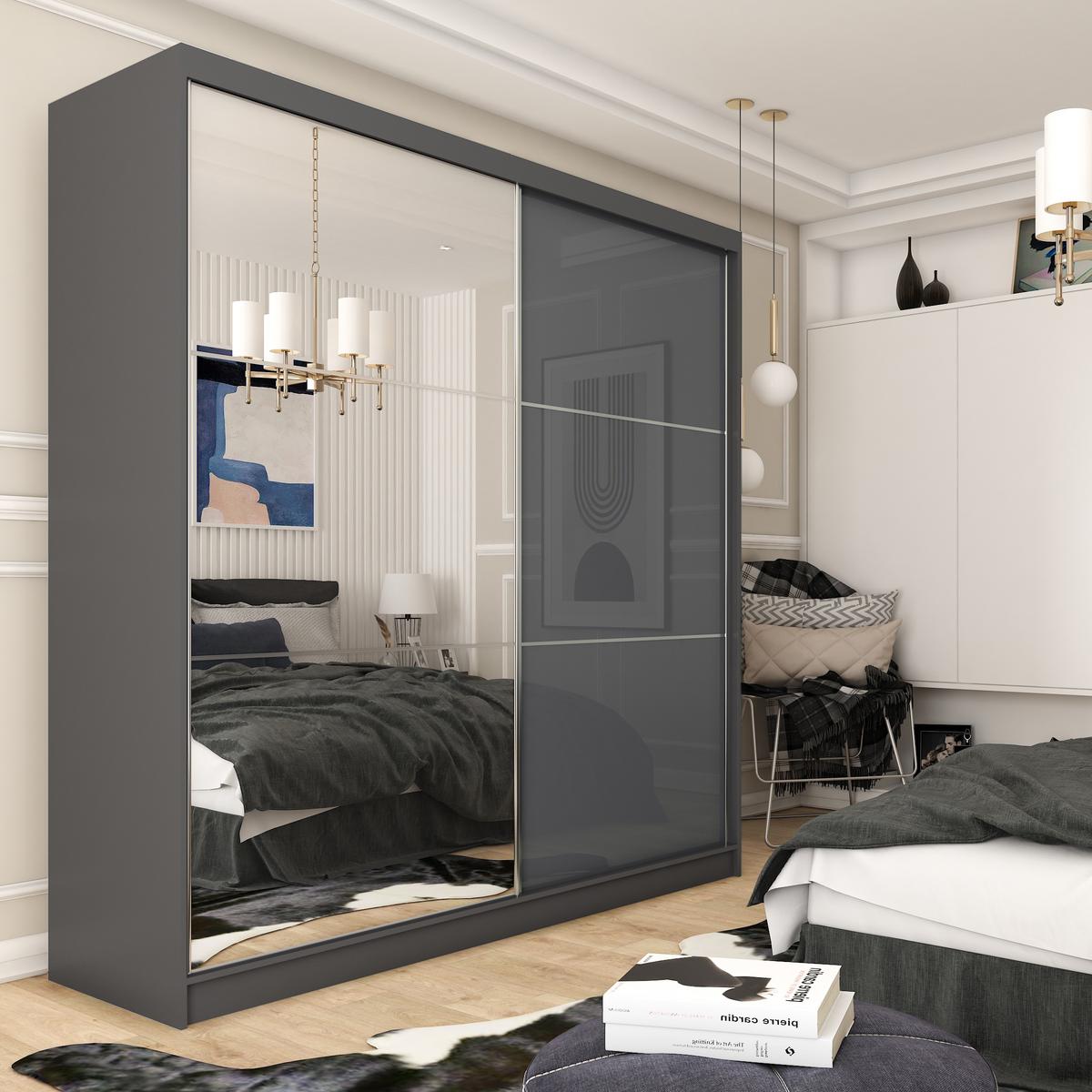 SCHWEBETÜRENSCHRANK VITALE 200/216/61 cm 2-türig mit Spiegel Grau - Grau, Holzwerkstoff (200/216/61cm) - MASSENO