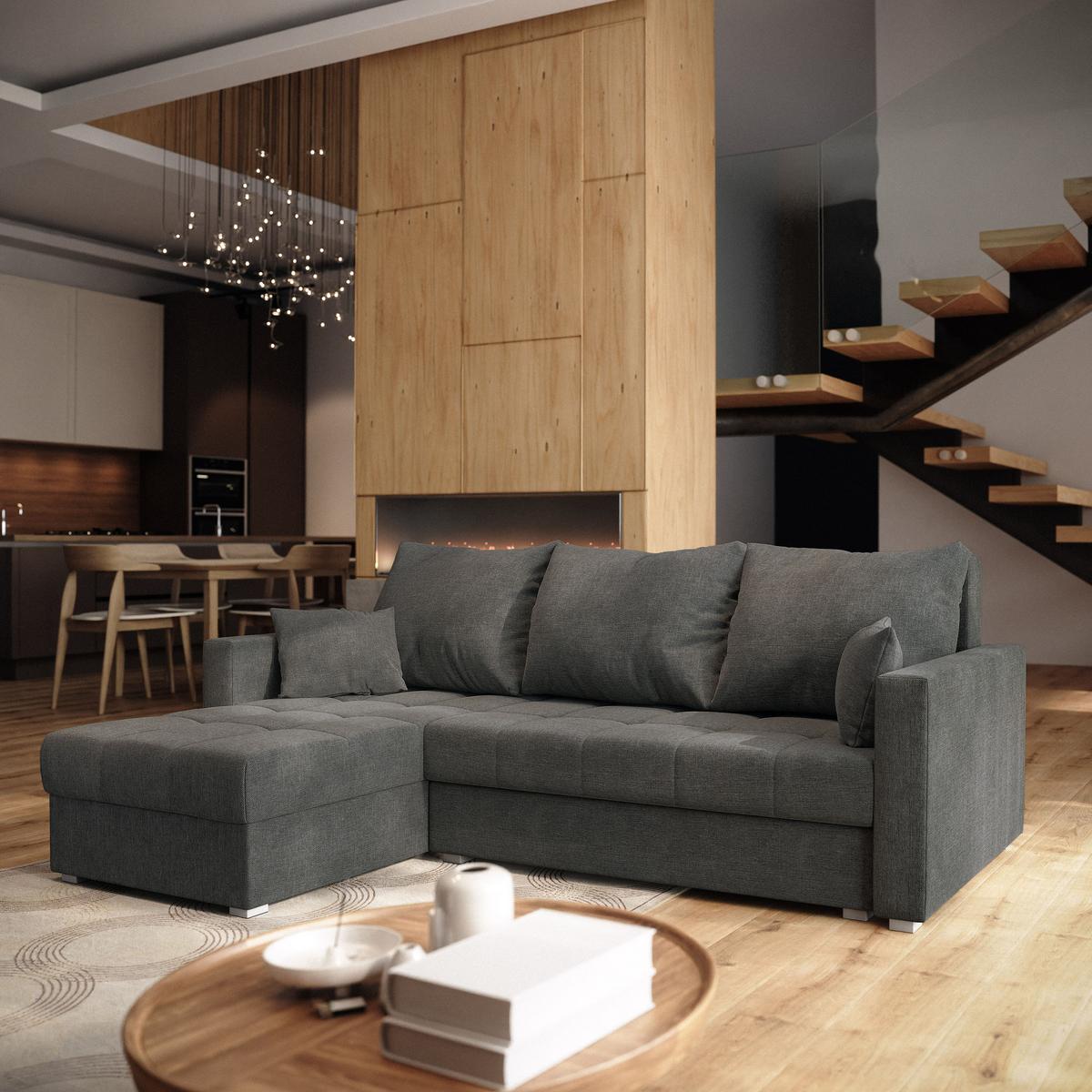 ECKSOFA NIDA Grau Geflochtener Stoff mit Schlaffunktion - Grau, Holz (220/143cm) - MASSENO