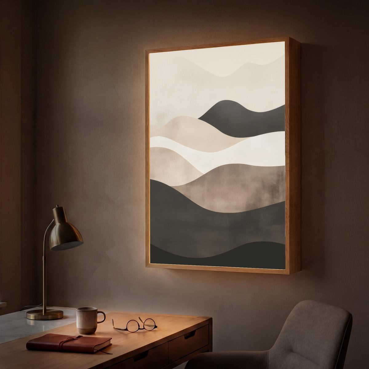 WANDLEUCHTE MIT AKKU Abstrakt - Landschaft - Wellen - Cremefarben 60x90 cm - Graubraun, Holzwerkstoff (60/90/8cm) - OnlyWow