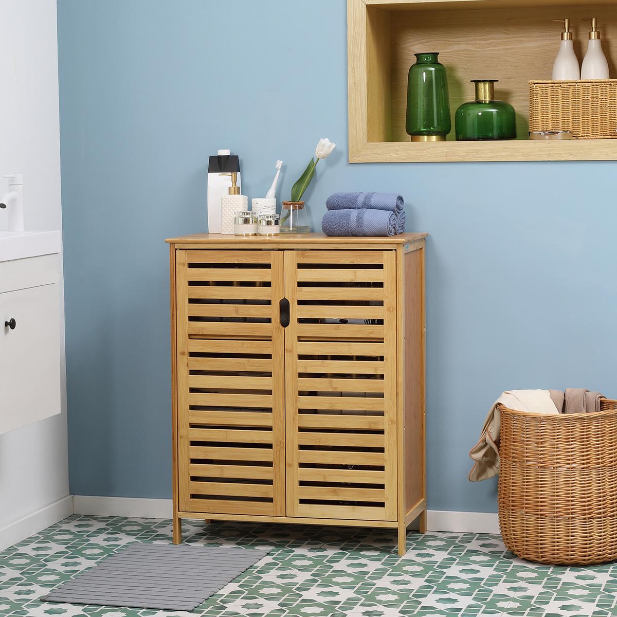 BADEZIMMERSCHRANK mit 2 Lamellentüren, 68 x 32 x 86 cm, Natur - Naturfarben, Naturmaterialien (32/86/68cm) - Kleankin