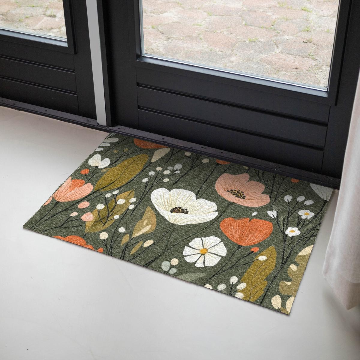 FUSSMATTE Blumen - Illustration - Grün Flurteppich 90x60 cm - Dunkelgrün, Kunststoff (90/0.4cm) - MuchoWow